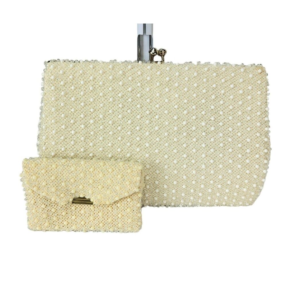 Vintage 50s Corde Beaded Lumured Ivory Kiss-Lock Frame Clutch Bag & Wallet Set